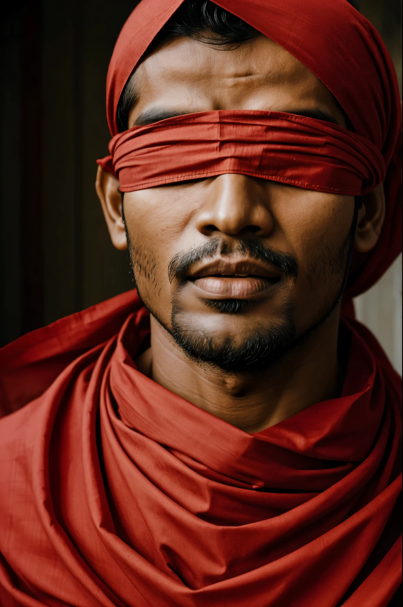A Bangladeshi men who is  blindfold and mouth taped by red cloth 