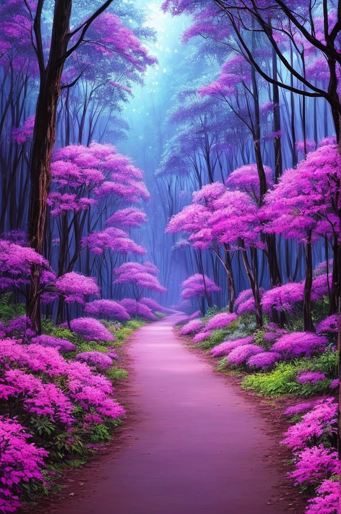 painting of a path in a forest with purple flowers, glowing forest, beautiful lush colors, forest colors, dark neon colored rainforest, magical colors and atmosphere, magical colours and atmosphere, really beautiful forest, magical forest, magical forest in the background, incredible colors, bioluminescent forest floor, amazing colors, neon lights lots of trees, blue forest, magic forest