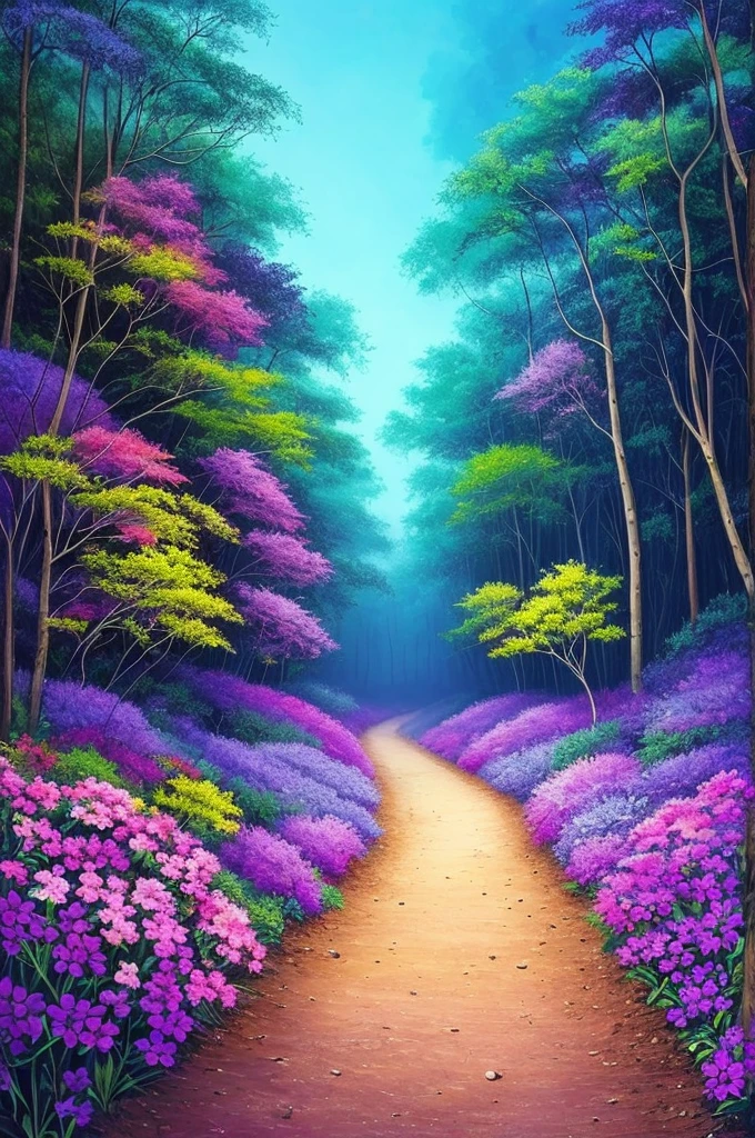 painting of a path in a forest with purple flowers, glowing forest, beautiful lush colors, forest colors, dark neon colored rainforest, magical colors and atmosphere, magical colours and atmosphere, really beautiful forest, magical forest, magical forest in the background, incredible colors, bioluminescent forest floor, amazing colors, neon lights lots of trees, blue forest, magic forest