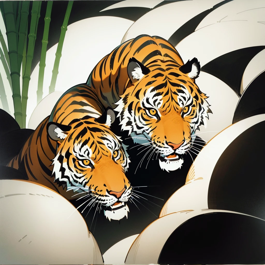 mid century woodcut image, showing a ((tiger)) alone in a (bamboo forest), ((black and white), ink on paper, bold thick lines