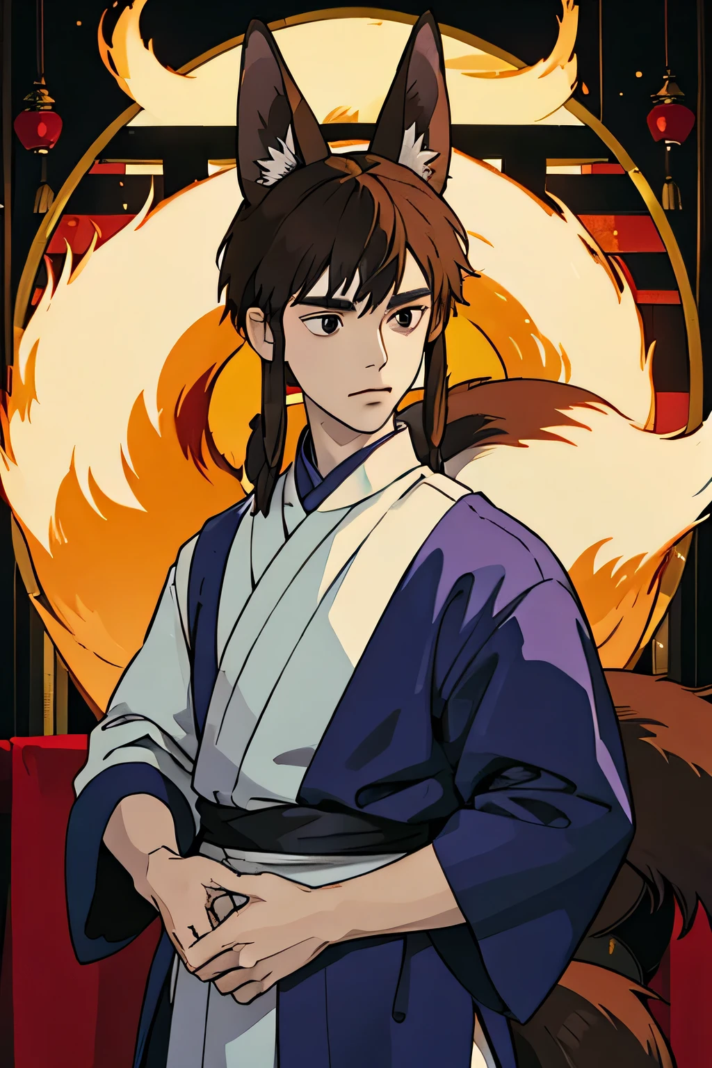 man. Asian clothes. dark brown hair, Gathered in the tail. black eyes. Fox ears. Six tails.