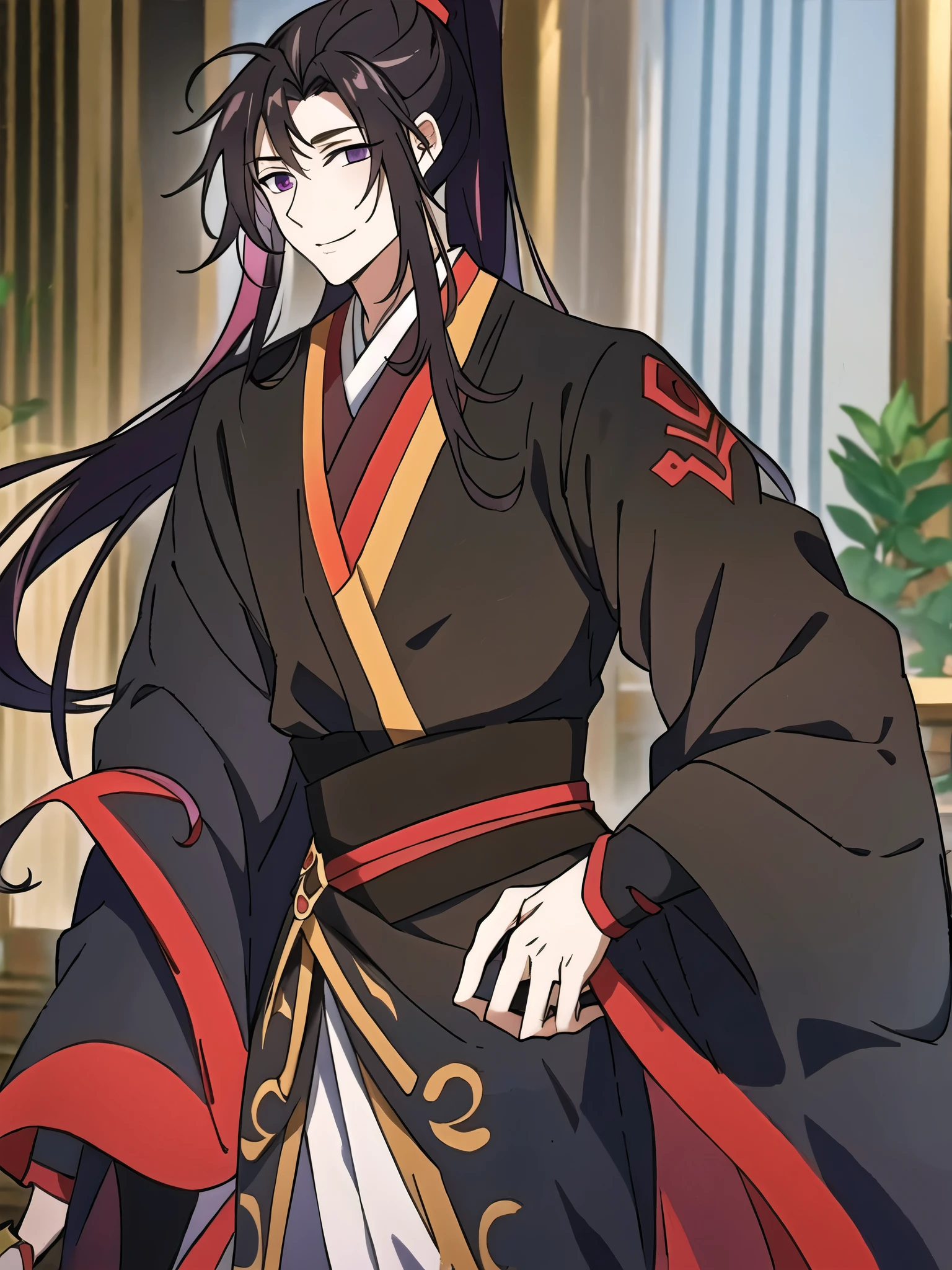 (masterpiece, best quality: 1.2), 1 male, 18 years old, solo, wei wuxian, mo dao zu shi, mdzs, black-red-purple clothes, purple eyes, long flowing black-purple ombre hair, perfect anatomy