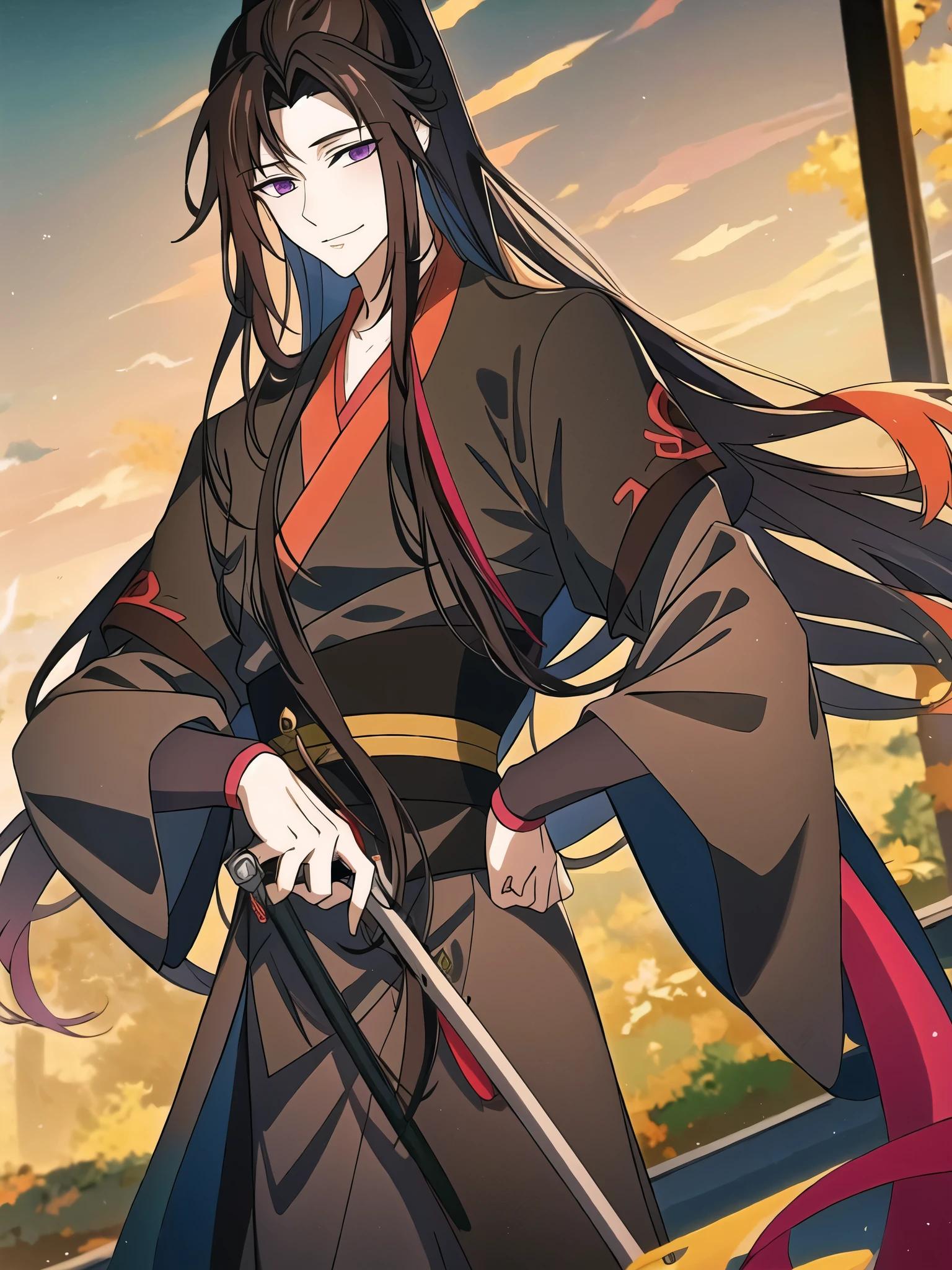 (masterpiece, best quality: 1.2), 1 male, 18 years old, solo, wei wuxian, mo dao zu shi, mdzs, black-red-purple clothes, purple eyes, long flowing black-purple ombre hair, perfect anatomy