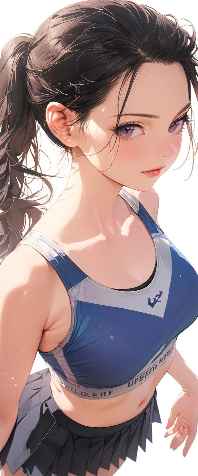 20 years old,1 mature woman,hyperrealistic, 8k, (extremely detailed 8k), (very delicate and beautiful), (masterpiece), (better quality:1.0), (ultra high resolution:1.0), (masterpiece, best quality),cute,black hair,ponytail,POV,full body,white background,realistic skin,sports bra, pleated skirt, navel,,model posing