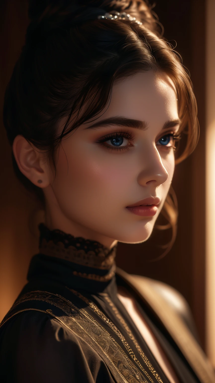 (((ultra realistic))) Photo, masterpiece, top quality, (pale skin), (Ultra detailed face and eyes:1.3), Indian 1 girl, in a beautiful black(goldon embroidery)dress, (Eye makeup, mascara) , (a close up portrait of a beautiful woman with long brown messy bun, curly hair), wearing a black dress, gorgeous detailed face, extremely beautiful delicate features, piercing eyes, luscious lips, flawless skin, stunning portrait, high quality, cinematic lighting, photorealistic, masterpiece, dramatic depth of field, soft elegant expression, elegant and serene, professional portrait photography, beautiful model, gorgeous female portrait, incredible realismof field, bokeh, (special attention to skin detail: 1.2), Detailed leather texture, skin pores. (Airy atmosphere of the frame), UDR, ((Film grain)), ((rays)), ((Glare)), ((side angle portrait, viewing towards the camera)) , ultra detailed, KISSING:1.1