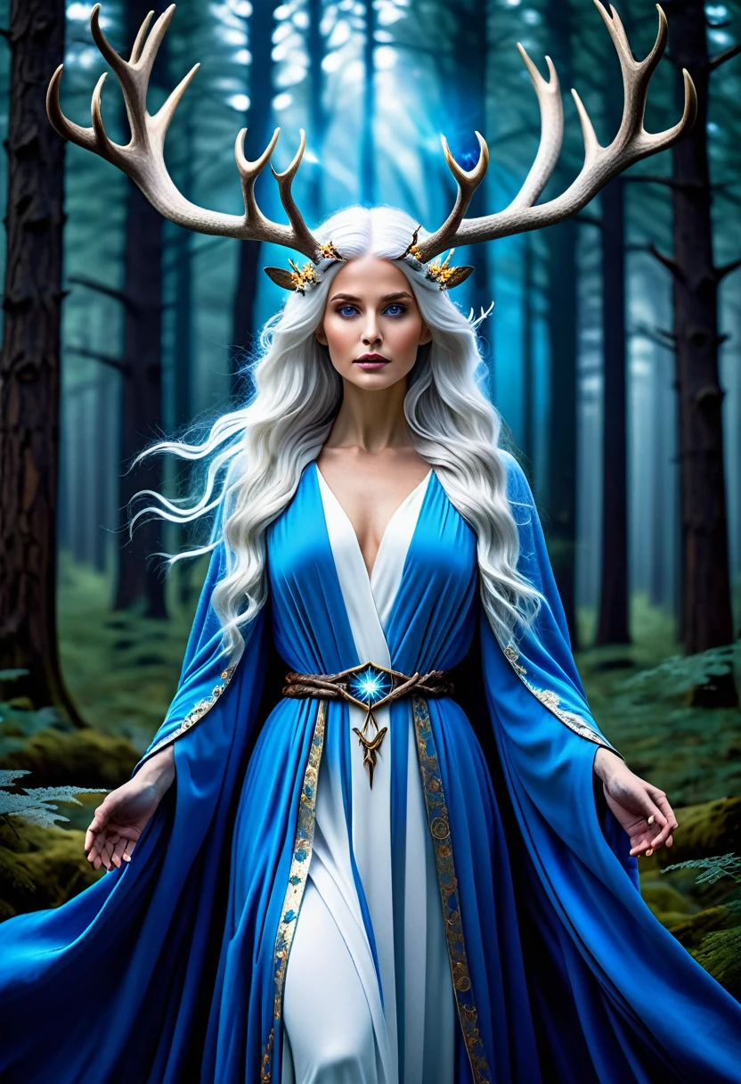 In a mystical forest, a majestic white-haired figure adorned with antlers of light rules over her kingdom. Dressed in a blue robe and surrounded by a magical aura, she represents the power and beauty of nature.