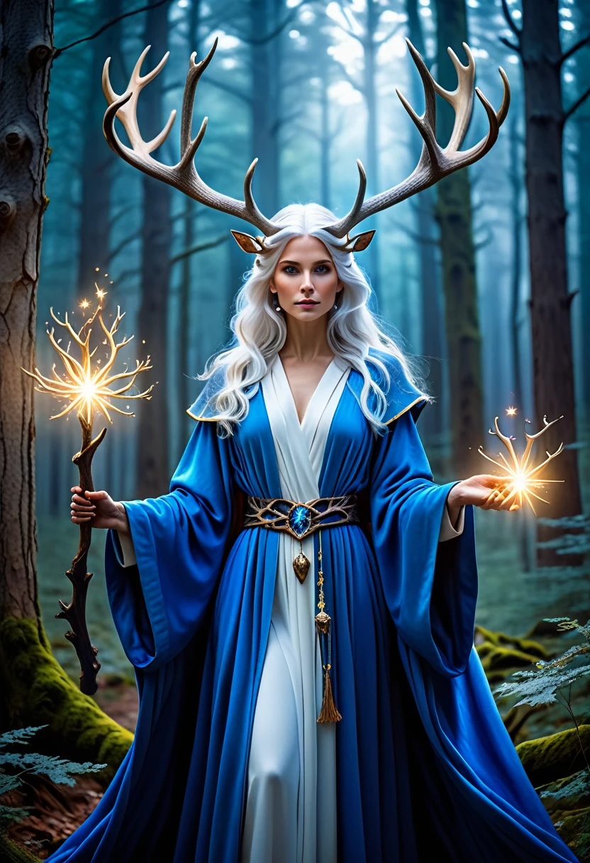 In a mystical forest, a majestic white-haired figure adorned with antlers of light rules over her kingdom. Dressed in a blue robe and surrounded by a magical aura, she represents the power and beauty of nature.