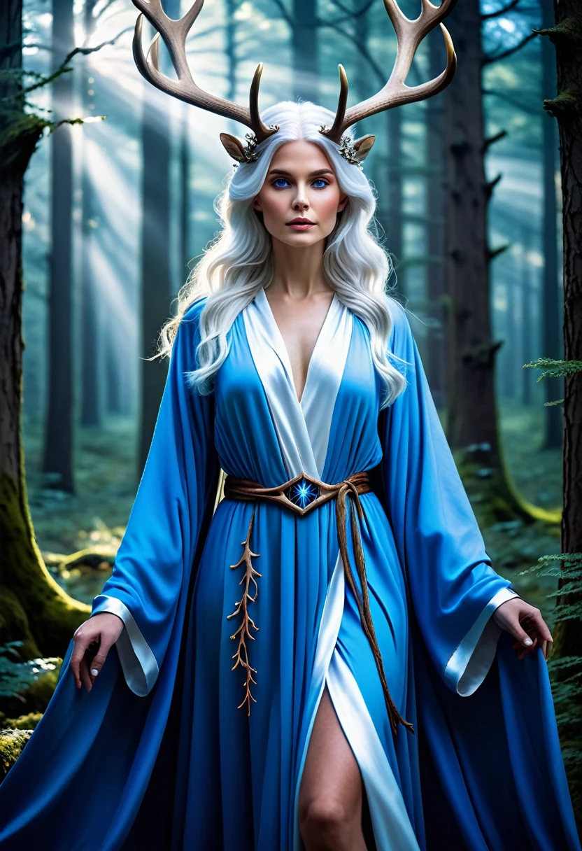 In a mystical forest, a majestic white-haired figure adorned with antlers of light rules over her kingdom. Dressed in a blue robe and surrounded by a magical aura, she represents the power and beauty of nature.