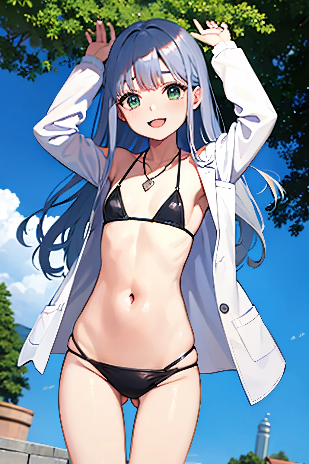 Cabello largo plateado, ojos verdes, headband, necklace, lab coat, flat chest, black bikini, abdomen lindo, muslos hermosos, sonrisa, happy, garden, sky blue, deshabitado