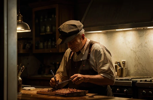 An ultra-realistic photo of an elderly butcher at work, Intricate detailing, cinematic lighting,  ​masterpiece, Light and shadow in the style of Edward Hopper