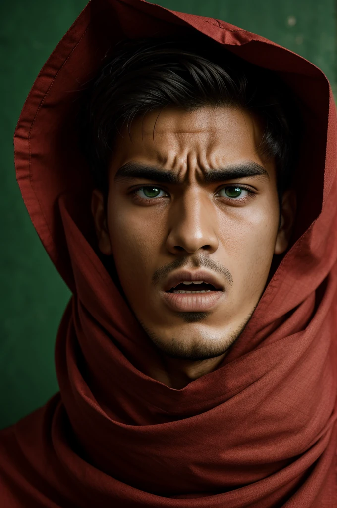 A 25 years old student who has fear and also angry in his face, covered and tide his eyes, mouth with red cloth. Also the background is in green and red vibe