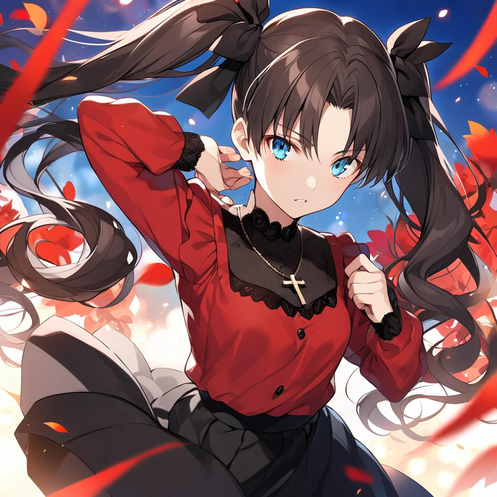 fate stay night, Tohsaka Rin(black twin-tails hair, long sleeves red blouse, black skirt, light blue eyes, cross necklace)