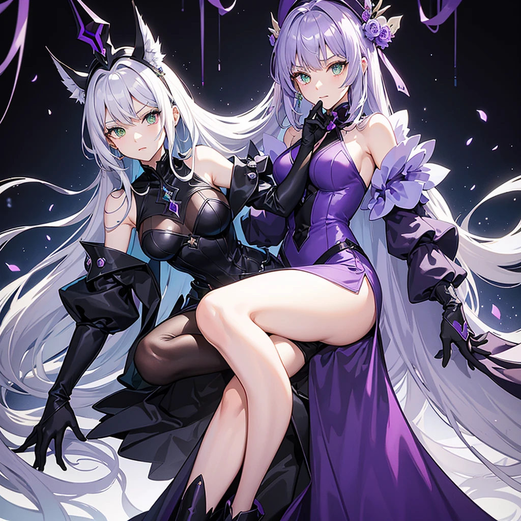 detailed half body anime panel. A singular woman, long silver hair, mischievous green eyes, wearing a dark purple no sleeve dress with a leg slit, light purple and dark blue mage hat, dark purple gloves, in a background with black dark purple and blue abyss demons