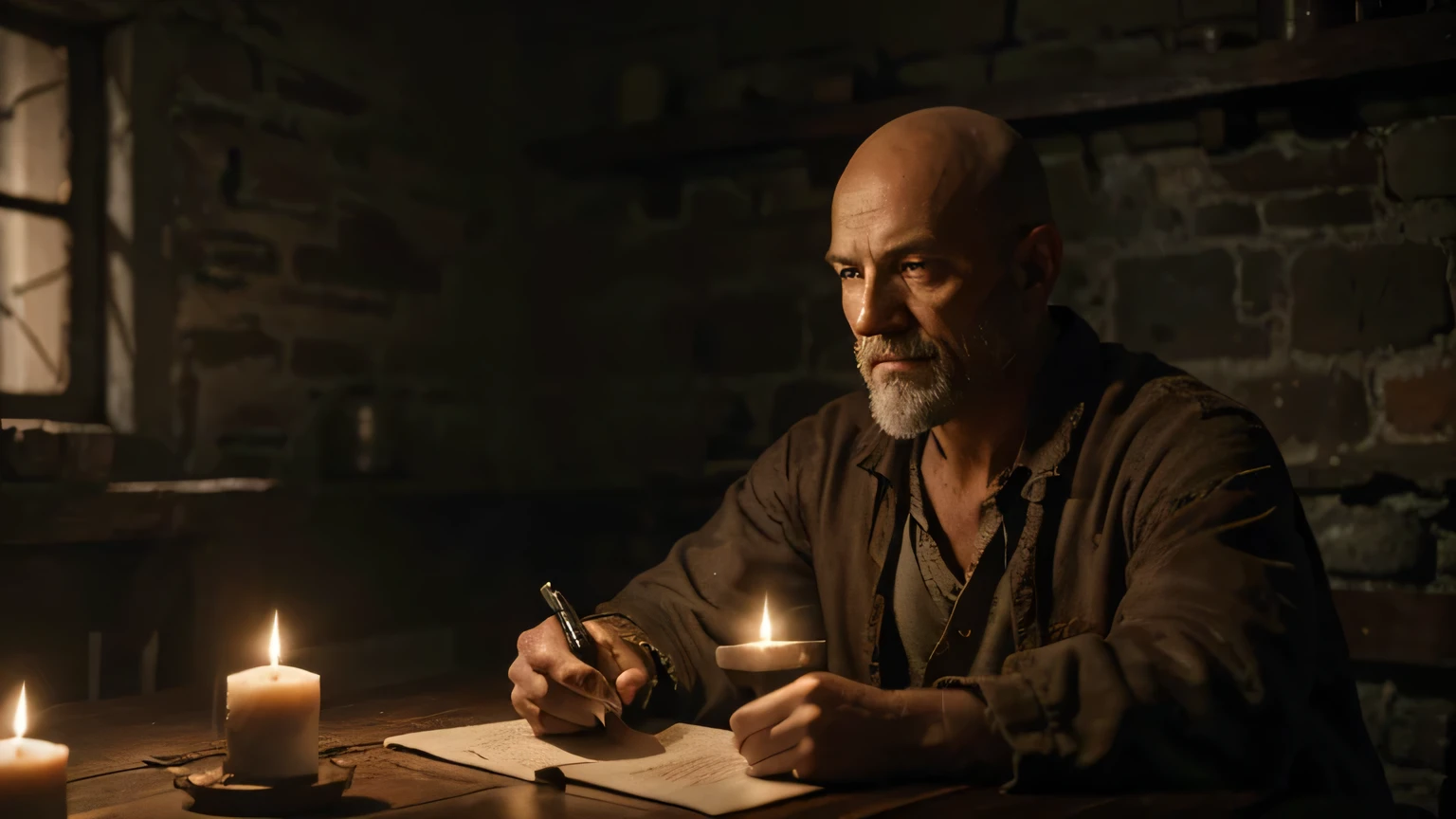 at night, a bald middle-aged man, apostle paul, with sad smile, wearing tattered brown robes, sitting in a dimly lit prison cell with iron bars and stone walls, writing a letter by the light of a single candle, (best quality,4k,8k,highres,masterpiece:1.2),ultra-detailed,(realistic,photorealistic,photo-realistic:1.37),chiaroscuro lighting,dramatic lighting,intricate details,cinematic composition,natural skin tones,highly detailed facial features,expressive eyes,detailed hands,aged and worn appearance,dramatic shadows,dusty prison interior,rugged stone walls,rusty iron bars,flickering candle light,historical,renaissance,oil painting
