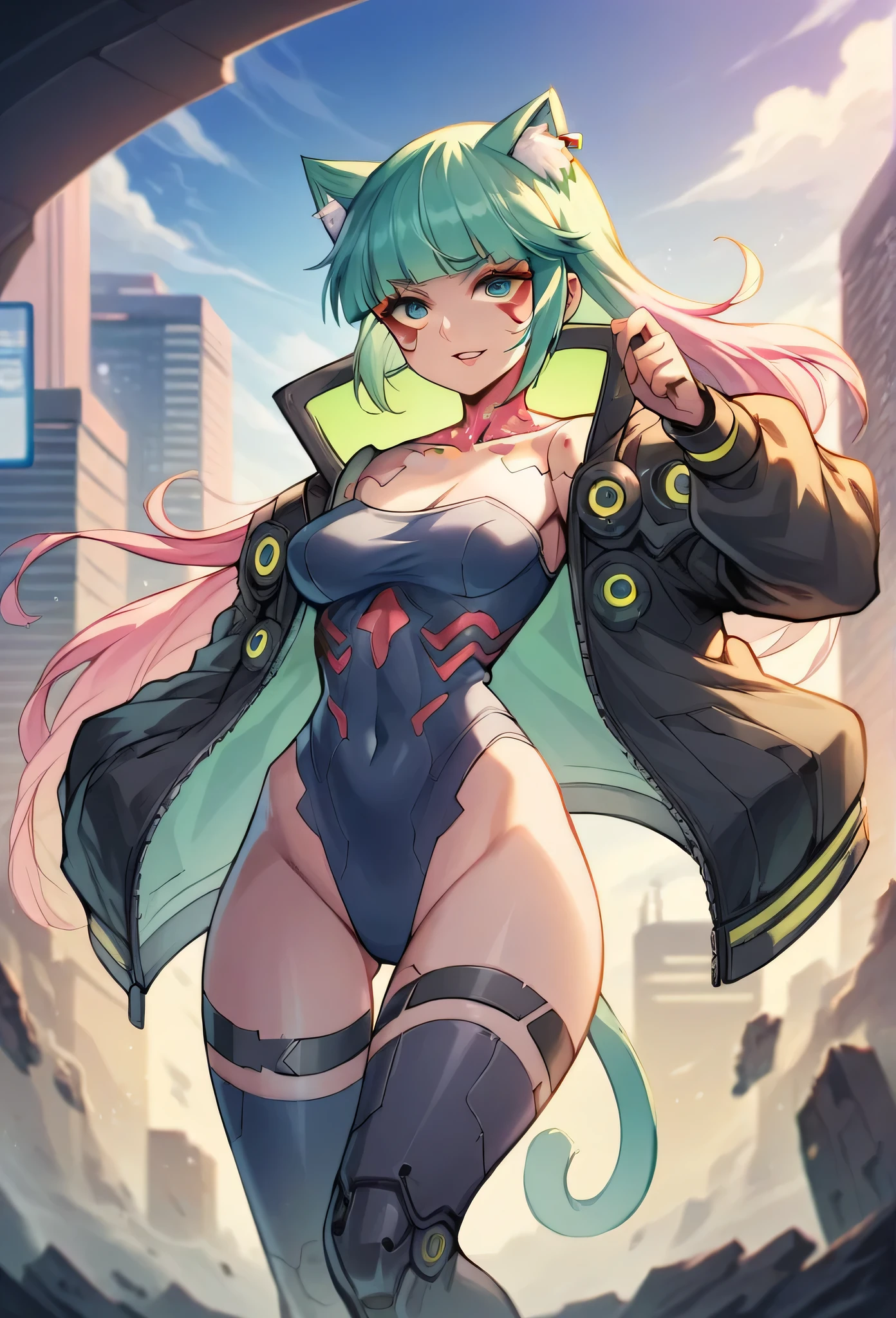 Anime girl with long hair and cat ears in a city., digital cyberpunk anime art, cyberpunk anime girl mech, female cyberpunk anime girl, cyberpunk anime girl, anime ciberpunk, linda chica cyborg, digital cyberpunk - anime art, cyberpunk anime art, cyberpunk oppai, 4K anime style, perfect android girl, cyberpunk beautiful girl, beautiful cyborg girl