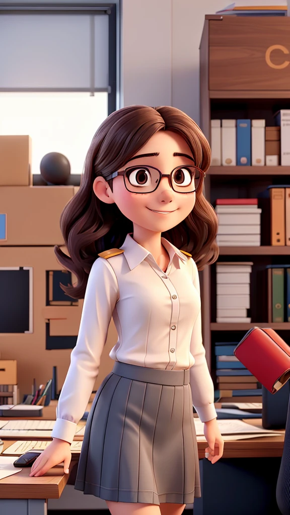 a young woman, in an office, she wears glasses and a skirt. She is very happy because she received a promotion at work.