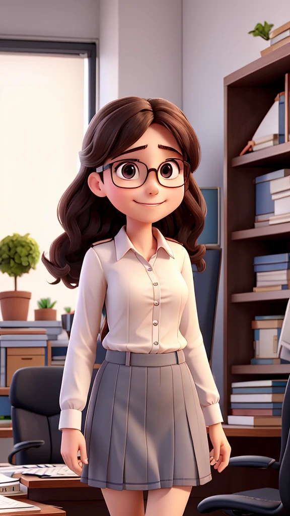 a young woman, in an office, she wears glasses and a skirt. She is very happy because she received a promotion at work.