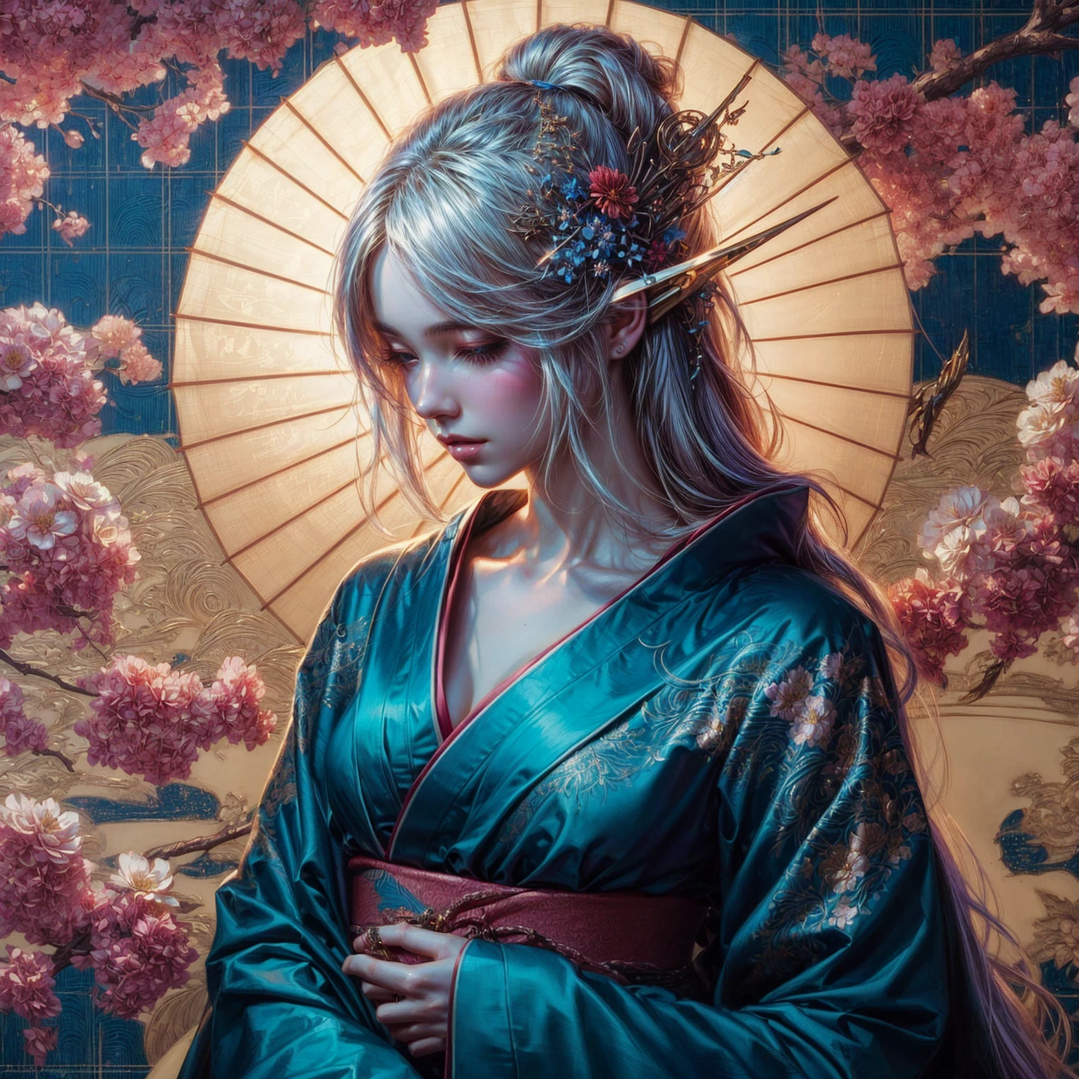 Painting of a woman in a kimono with a parasol and flowers, artgerm julie bell beeple, Ross Tran 8K, Wlop and ross tran, Beeple und Jeremiah Ketner, Loish und Ross Tran, Ross-Tran-Stil, ross tran and Wlop, mœbius + loish + Wlop, artgerm and james jean