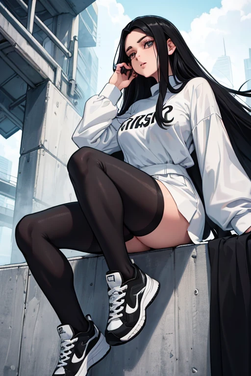 Age 22, White skin girl, almost speaks, Bblack hair, extremely long hair, Cramped, black pantyhose, black sneakers, Bblack hair, hair between the eyes, White hair, cloused mouth, range, cabelo bagunçado saia formal Bblack hair grande extremely long hair olhos cinzas