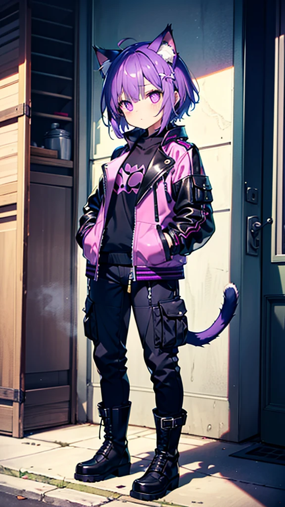 Young girl, cat ears, dark purple hair, bright purple eyes, "broken glass" pupils, leather jackets, cargo pants, heavy boots, hands in pockets, short hair, long purple cat tail, single girl with cat tail and ears