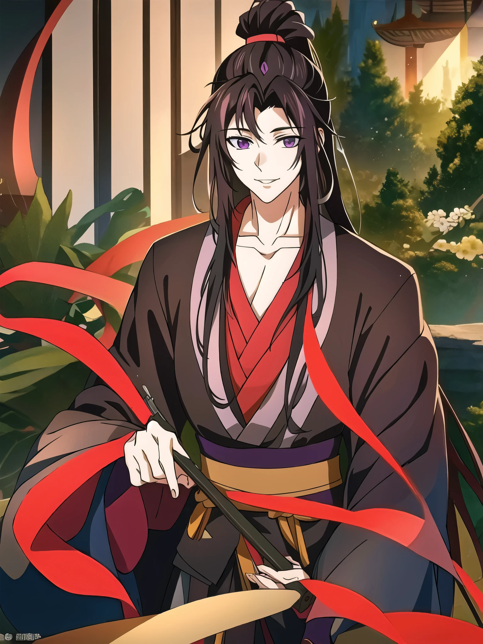 (masterpiece, best quality: 1.2), 1 male, 18 years old, solo, wei wuxian, mo dao zu shi, mdzs, black-red-purple clothes, purple eyes, long flowing black-purple ombre hair, perfect anatomy