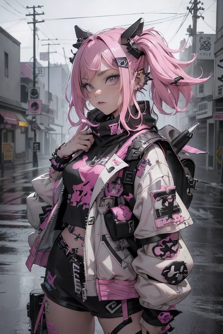 (Highest quality、8k、32K、masterpiece、Hmph:1.3)、(Photorealistic:1.4),(Shoot from the front,View your viewers:1.5)、((18-year-old punk girl,Unusual punk hair:1.3)),((Playing electric guitar:1.5)),((Pink and black punk fashion:1.5)),、(Stuffed rabbit)、Clothes with studs、((Black backpack on the back))、(Bright black and pink hair:1.5),Wacky makeup、、Dark Background、A desolate town soaked in rain、Puddles on the road、(Cinema Lighting)、Written boundary depth,Blurred Background、