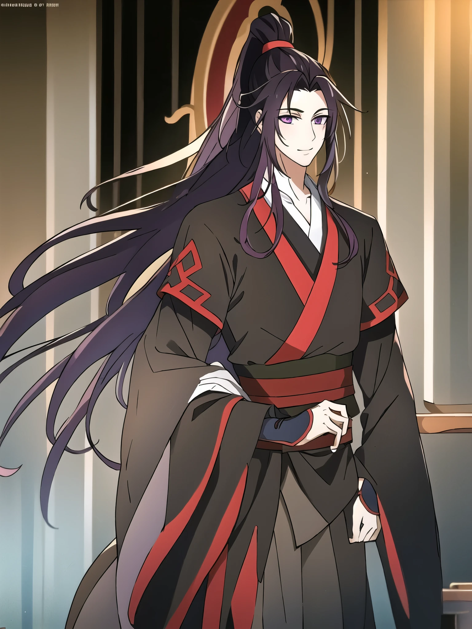 (masterpiece, best quality: 1.2), 1 male, 18 years old, solo, wei wuxian, mo dao zu shi, mdzs, black-red-purple clothes, purple eyes, long flowing black-purple ombre hair, perfect anatomy