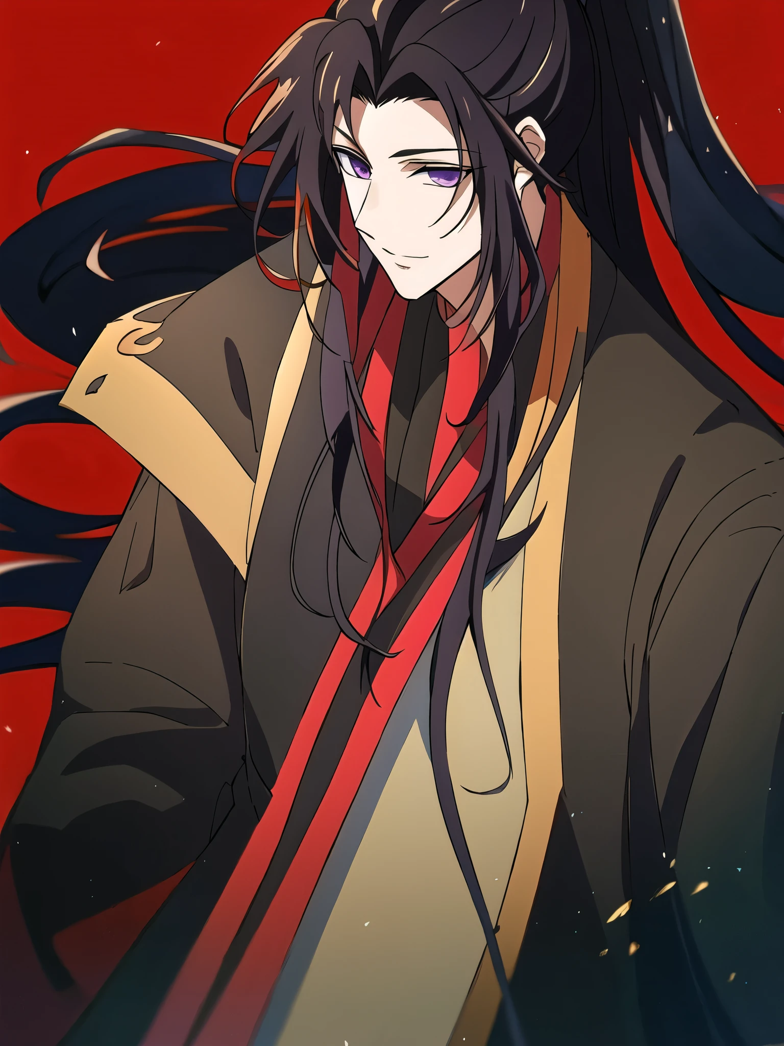 (masterpiece, best quality: 1.2), 1 male, 18 years old, solo, wei wuxian, mo dao zu shi, mdzs, black-red-purple clothes, purple eyes, long flowing black-purple ombre hair, perfect anatomy