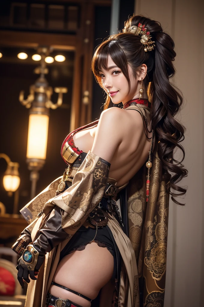 Woman portrait、Highest quality、Rear view、8k,Detailed face, clear, Fine skin、Clear, beautiful eyes、whole body、(Curly Hair)、My hair was messed up by the wind、The beauty of a smile、(Big Breastuscular、tall),(Hip_superior, Hip superior), Mature Woman,( Watching the audience),Realistic, High resolution, Soft Light,1 female, alone, Hipアップ, Glowing Skin, (Detailed face), Sexy smile, Perfect Style, Perfect balance,Brown hair,Naughty look,((Steampunk kimono,gyaru、plaids)),(A red mecha with a white, brown, beige, red and dark brown check pattern, High-tech Mecha,Beautiful steampunk cyborg woman,Steampunk mecha cyborg girl kimono、drawstring、spikes,Beads、gloves、Luxurious obi,Lavish decoration、glove,stockings,fake animal ear,High leg),((arms behind back)),(bokeh),(studio lighting)