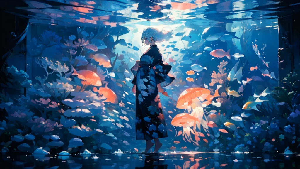 (masterpiece)、(Highest quality)、Very detailed、Perfect Face、(Solo full body shot:1.3)、(In the water:1.4)、Ocean、Coral Reef、Light、bubble、jellyfish、Oceanの藻、(深Ocean:1.4)、Fantasy、Ocean底、Floating objects、kimono、white hair