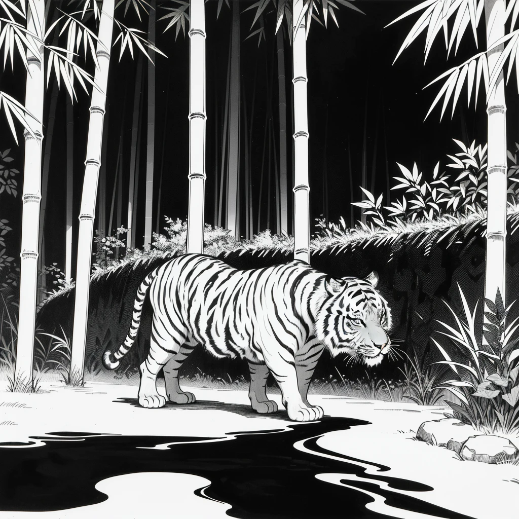 mid century woodcut image, showing a ((tiger)) alone in a (bamboo forest), ((black and white), ink on paper, bold thick lines