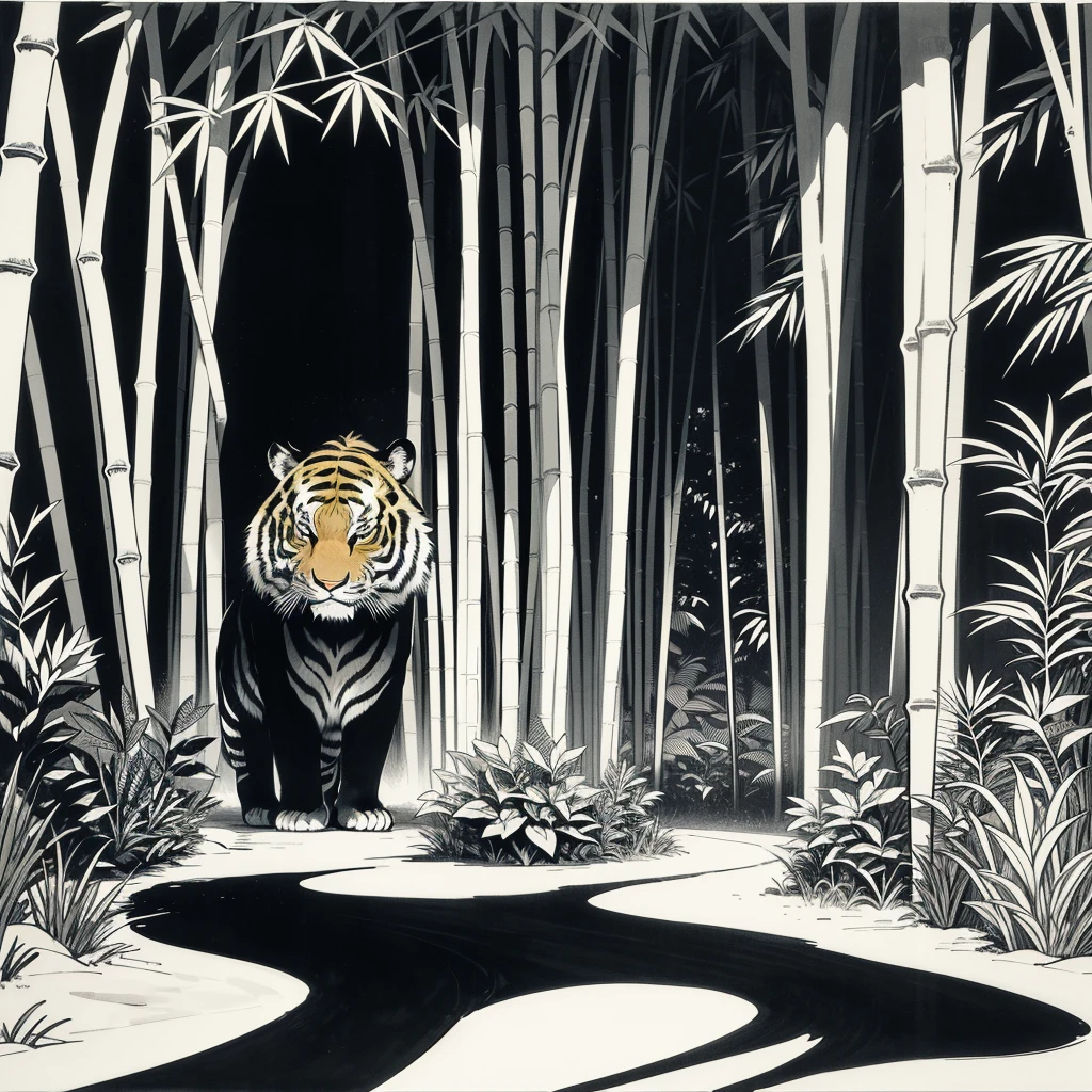 mid century woodcut image, showing a ((tiger)) alone in a (bamboo forest), ((black and white), ink on paper, bold thick lines