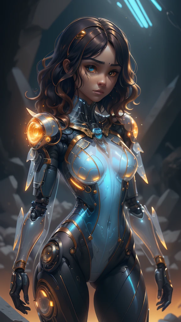 (La mejor calidad,A high resolution,Ultra - detallado,actual),Ariana Grande、female、zoom、(Orange Eyes:V2.1 ) 、(Short black wavy hair transparent cyborg :1.4) 、Tempered body、A revealing hero suit、(Glossy white bodysuit transparent cyborg :1.4) 、(Blue and gold accents:1.4) 、slender、(Dark Skin:1.4) 、,(Fondo de ruinas de mazmorra en ruinas laboratorio :1.4 ), Arms crossed、Grim expression、Downtown at night、Bust Shot、Epic Fantasy Art Style HD, 4K fantasy art, epic fantasy digital art style, epic fantasy art style, Fantasy Woman, epic fantasy art portrait, Epic fantasy style, hyperrealistic fantasy art, hd fantasy art, Epic fantasy character art, epic fantasy art, in style of dark fantasy art, epic fantasy digital art, (iluminación cinematográfica :1.4), (anatomía perfecta detallado :V2.1), (pose vaquero),( face detailed :1.4), high quality, (RAW photo, best quality), (realistic, photorealistic: 1.4), (extremely delicate and beautiful: 1.4), amazing, fine details, masterpiece, ultra detailed, high resolution, best illustration, best shadow, intricate, ( extremely intricate: 1.2), (exquisitely detailed skin), cinematic light, perfect anatomy, (cool color: 1.4), sharp focus, 8k UHD, DSLR, (Fujifilm XT3),(cyborg mecánica plastic transparent :1.4) 
