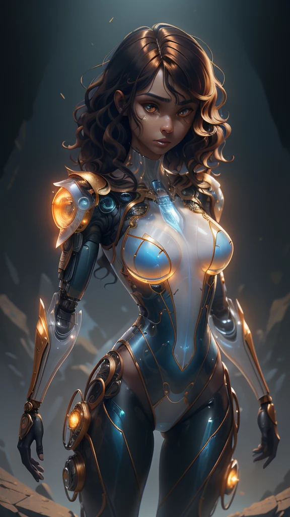 (La mejor calidad,A high resolution,Ultra - detallado,actual),Ariana Grande、female、zoom、(Orange Eyes:V2.1 ) 、(Short black wavy hair transparent cyborg :1.4) 、Tempered body、A revealing hero suit、(Glossy white bodysuit transparent cyborg :1.4) 、(Blue and gold accents:1.4) 、slender、(Dark Skin:1.4) 、,(Fondo de ruinas de mazmorra en ruinas laboratorio :1.4 ), Arms crossed、Grim expression、Downtown at night、Bust Shot、Epic Fantasy Art Style HD, 4K fantasy art, epic fantasy digital art style, epic fantasy art style, Fantasy Woman, epic fantasy art portrait, Epic fantasy style, hyperrealistic fantasy art, hd fantasy art, Epic fantasy character art, epic fantasy art, in style of dark fantasy art, epic fantasy digital art, (iluminación cinematográfica :1.4), (anatomía perfecta detallado :V2.1), (pose vaquero),( face detailed :1.4), high quality, (RAW photo, best quality), (realistic, photorealistic: 1.4), (extremely delicate and beautiful: 1.4), amazing, fine details, masterpiece, ultra detailed, high resolution, best illustration, best shadow, intricate, ( extremely intricate: 1.2), (exquisitely detailed skin), cinematic light, perfect anatomy, (cool color: 1.4), sharp focus, 8k UHD, DSLR, (Fujifilm XT3),(cyborg mecánica plastic transparent :1.4)