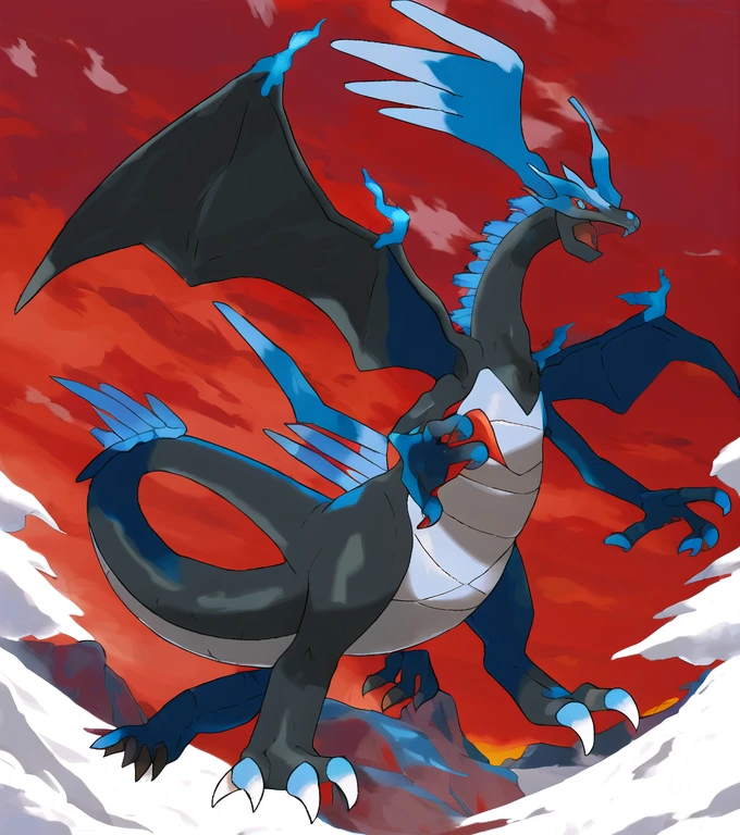 dragon and flying pokemon, Salamis, A black dragon Pokémon with red eyes and a red neck pattern.. A red ridge rises above the snow, Pointed teeth, and big, red wings, blue flame at the end of the tail, Blue flames come out from the mouth.., white background, ((masterpiece))