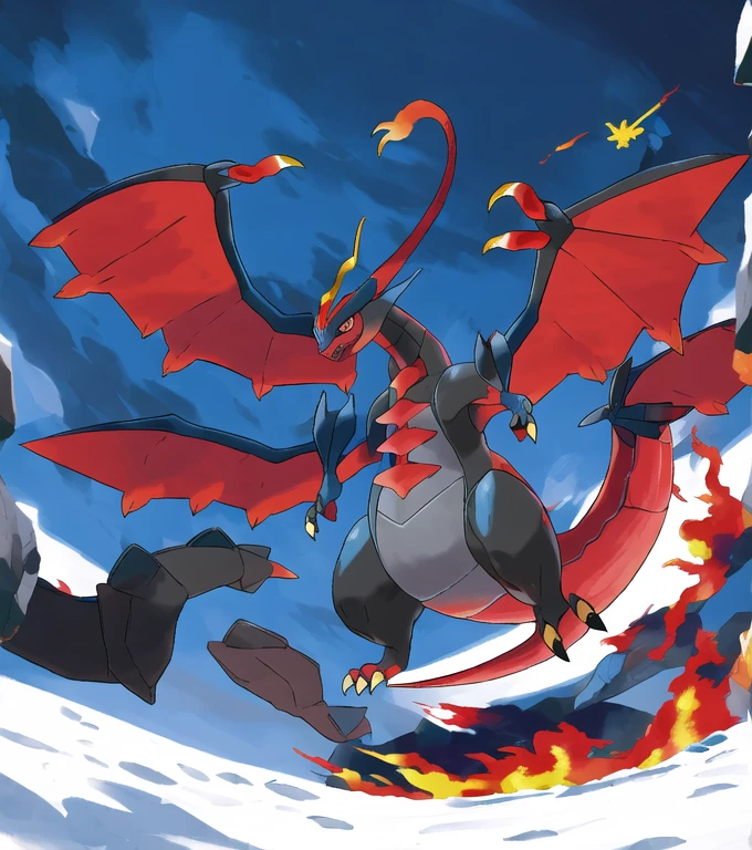 dragon and flying pokemon, Salamis, A black dragon Pokémon with red eyes and a red neck pattern.. A red ridge rises above the snow, Pointed teeth, and big, red wings, blue flame at the end of the tail, Blue flames come out from the mouth.., white background, ((masterpiece))