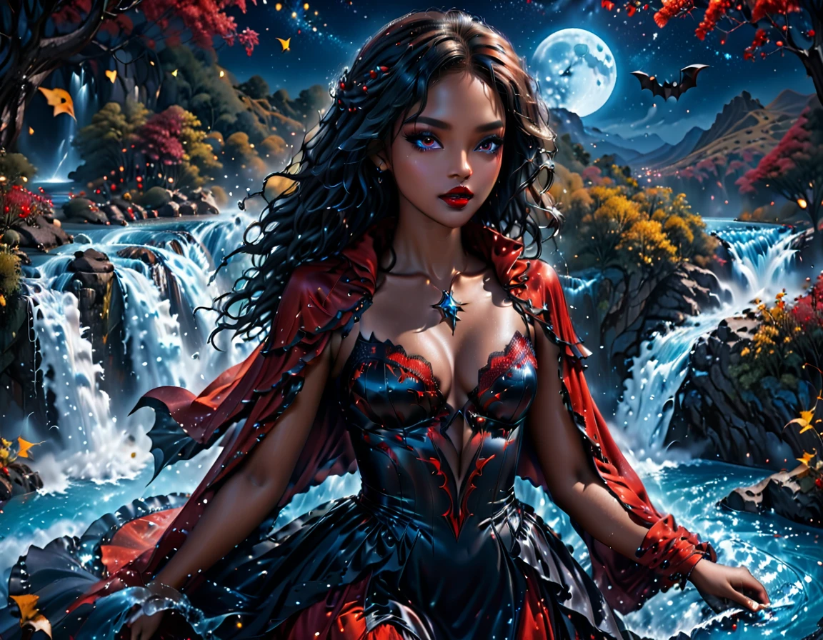 a picture of an exquisite beautiful African female vampire standing under the starry night sky at the base of the waterfall, dynamic angle (ultra detailed, Masterpiece, best quality), ultra feminine, (black skin: 1.3),  dynamic hair color, wavy hair, dynamic eyes color, cold eyes, glowing eyes, intense eyes, dark red lips, wearing dynamic color dress dress (ultra detailed, Masterpiece, best quality), wearing blue cloak (ultra detailed, Masterpiece, best quality), long cloak, flowing cloak (ultra detailed, Masterpiece, best quality), wearing high heeled boots,  water coming down from a mountain, multi level water falls, several pools created in different levels, forming new waterfalls, water cascading into a pool steam rising, clear water in many hues of blue and azure falling, ultra best realistic, best details, best quality, 16k, [ultra detailed], masterpiece, best quality, (extremely detailed), ultra wide shot, photorealism, depth of field, hyper realistic painting, sky full of stars background, moon, bats flying about, high details, best quality, 8k, [ultra detailed], masterpiece, best quality, (ultra detailed), full body, ultra wide shot, photorealism, dark fantasy art, dark fantasy art, gothic art, many stars, dark fantasy art, gothic art, sense of dread, Intense gaze, Mj Osea Style