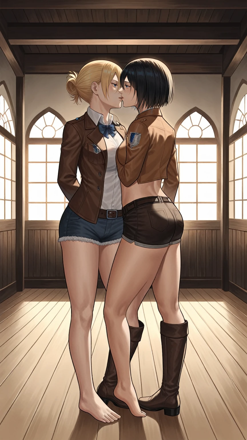 score_9, score_8_up, score_7_up, score_6_up, (by blade \(galaxist\):.6), (by null:.5), flat color, 2girls, yuri, attack on titan, mikasa, annie leonhart, annie and mikasa, depressed, bags under eyes, half-closed eyes, standing, pov, front view, girls kissing, pov, delinquent, flat shading, minimalism, blue eyes, medieval home, indoors, medieval interior, arms behind back, saliva, seductive expression, large breasts, kissing, girls kissing each other, kiss, ((kissing)), yuri, mikasa and annie embrace each other, mikasa and annie kissing each other, annie leonhart (short, blonde, wearing brown leather stocking, wearing brown leather jacket, shorts), mikasa (tall, black hair, muscular)