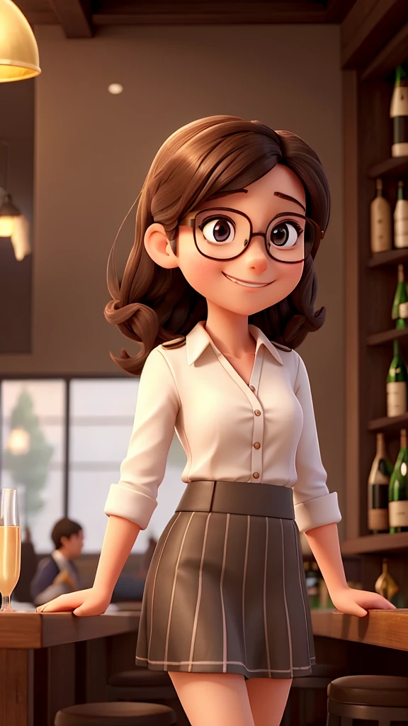 a young woman, she wears glasses and a skirt. She is very happy because she received a promotion at work. She's in a little bar celebrating with a glass of champagne