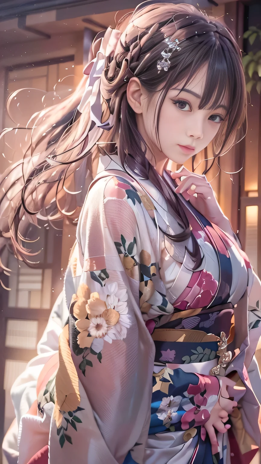 1 girl、in Tokyo street、Summer cityscape、Wear a Japan yukata、Upper body、Tsurime,evening、Beautiful sunset sky,Old-fashioned Japanese model(8k、RAW Photos、Highest quality、masterpiece:1.2)、(Realisticな、Photorealistic:1.37)、Highly detailed eyelash drawing、(((Best image quality))),huge 、Fine skin, (Beautiful Hair), (perfection Anatomy), (Realistic), (Dynamic Angle), Seductive pose,perfection,Sensual look、Highest quality、High resolution, Smooth Hair,Fine hair,Very fine hair,A fragile girl,Sunset Time,