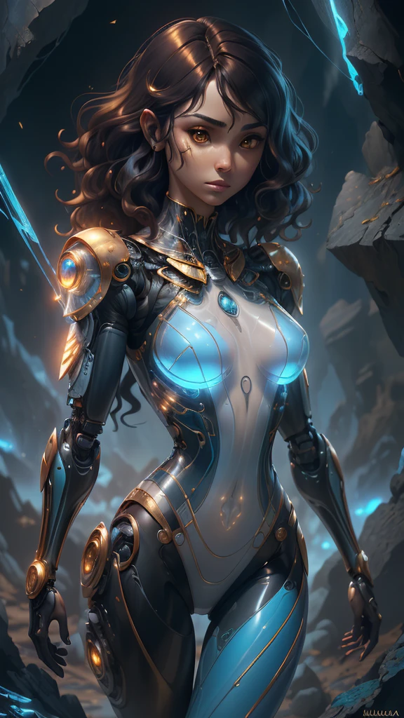 (La mejor calidad,A high resolution,Ultra - detallado,actual),Ariana Grande、female、zoom、(Orange Eyes:V2.1 ) 、(Short black wavy hair transparent cyborg :1.4) 、Tempered body、A revealing hero suit、(Glossy white bodysuit transparent cyborg :1.4) 、(Blue and gold accents:1.4) 、slender、(Dark Skin:1.4) 、,(Fondo de ruinas de mazmorra en ruinas laboratorio :1.4 ), Arms crossed、Grim expression、Downtown at night、Bust Shot、Epic Fantasy Art Style HD, 4K fantasy art, epic fantasy digital art style, epic fantasy art style, Fantasy Woman, epic fantasy art portrait, Epic fantasy style, hyperrealistic fantasy art, hd fantasy art, Epic fantasy character art, epic fantasy art, in style of dark fantasy art, epic fantasy digital art, (iluminación cinematográfica :1.4), (anatomía perfecta detallado :V2.1), (pose vaquero),( face detailed :1.4), high quality, (RAW photo, best quality), (realistic, photorealistic: 1.4), (extremely delicate and beautiful: 1.4), amazing, fine details, masterpiece, ultra detailed, high resolution, best illustration, best shadow, intricate, ( extremely intricate: 1.2), (exquisitely detailed skin), cinematic light, perfect anatomy, (cool color: 1.4), sharp focus, 8k UHD, DSLR, (Fujifilm XT3),(cyborg mecánica plastic transparent :1.4), (fondo piedras grandes cueva caverna :1.4) 
