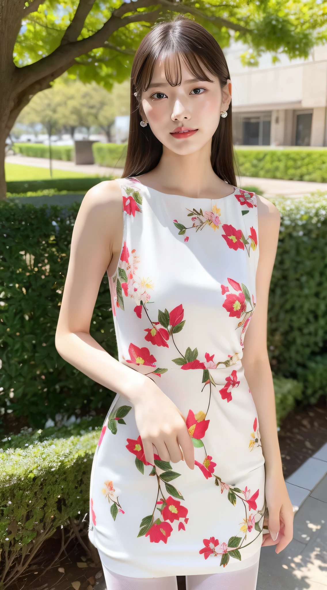 Ultra-clear resolution,top Quority,Wonderful young girl,Ear studs,Clear eyes,plain face,Gloss on lips,s the perfect face,smile、White skin,Perfect chest,Slender legs,lacepantyhose,Floral print dress、,high-heels,big tree