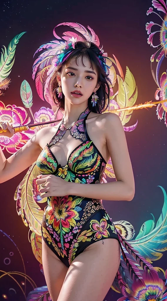 (masterpiece, top quality, best quality, official art, beautiful and aesthetic:1.2), (1girl:1.3), extremely detailed,(fractal art:1.1),(colorful:1.1)(flowers:1.3),highest detailed,(zentangle neon:1.2), (dynamic pose), (abstract background neon:1.3), (shiny skin), (many colors:1.4), ,(earrings), (feathers:1.5) , (Flamethrower:1.3),red background,Phoenix dress,Neon,full HD