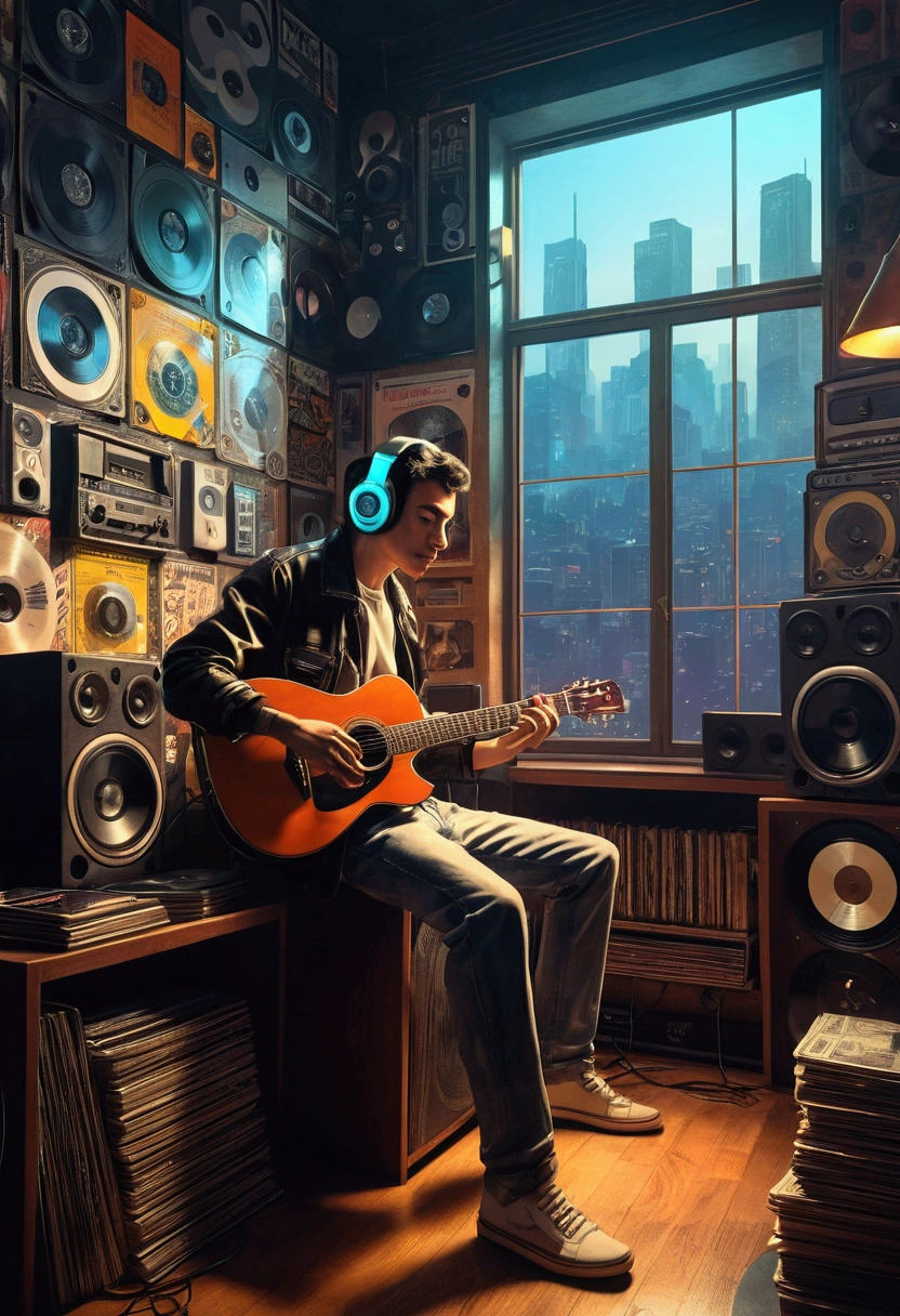Photo of a man listening to music using headphones, Text Why you, super detaill, Onda vintage, cyber punk, sad atmosphere, Bright light through the windows, night time scene, A room, 2d, (shot from afar), wide plan, (Film noise), ANTIQUE CARTOON, (Many records: 1.3), vinyl record store, (work of art, very high quality, very high quality, offcial art, beautiful and aesthetic: 1.2), (very detailled, (Fractal Art: 1.4 ), guitar, (banknotes: 1.4), (hip-hop lo-fi), lateral view, Old anime textures, standing alone, Speakers, cyber punk, vinyl, natta