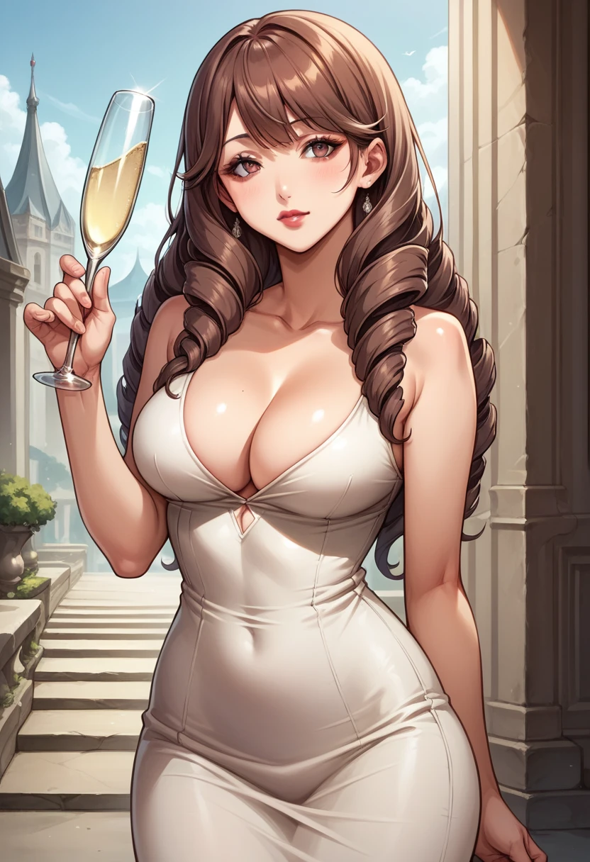 score_9, score_8_up, score_7_up, BREAK, score_9, 1girl, KurayoshiRino, official art, long hair, drill hair, brown hair, lipstick, white dress, sleeveless dress, tight dress, short dress, cleavage, holding a champagne glass, mansion
