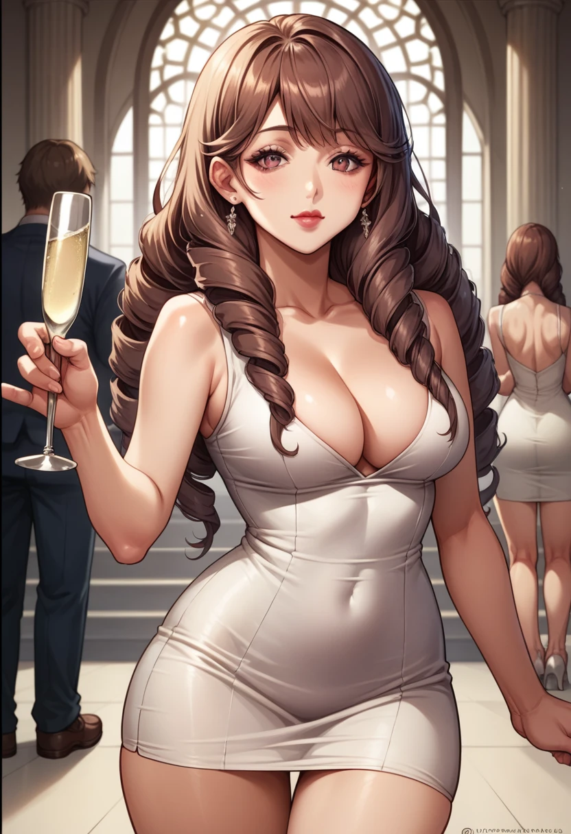 score_9, score_8_up, score_7_up, BREAK, score_9, 1girl, KurayoshiRino, official art, long hair, drill hair, brown hair, lipstick, white dress, sleeveless dress, tight dress, short dress, cleavage, holding a champagne glass, mansion