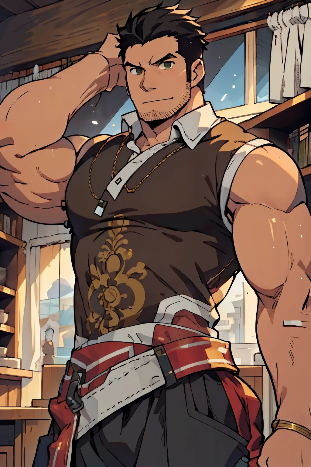 Large fantasy ship in the background, one piece style ship, old mature muscular male, black hair, very short hair, Faux hawk hairstyle, Faux hawk, ((black beard))), ((stubble beard)), ((stubble))), green eyes, bright eyes, 36 years old, bara, muscular male, large shoulders, thick muscles, big muscles, huge arms, huge body, tall, Piece, athlete, bare biceps, social shirt, black shirt, golden rnaments, black clothes, golden ornaments on the clothes, Mystical clothes, Golden details on the shirt, (((neutral pose:1.0))), elsword style social shirt, sleeveless social shirt, sleeveless, ((arms exposed)), Neutral face, cowboy shot, high resolution:1.2, best quality, master part, daylight, Reflection of lens, upper body shot