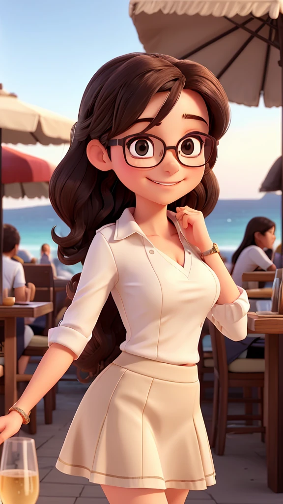 a young woman, she wears glasses. She is very happy and smile face. She is in a little beach bar at night. she is celebrating and has a glass of champagne in her hand. She is wearing a cite black and black short shorts. sexy