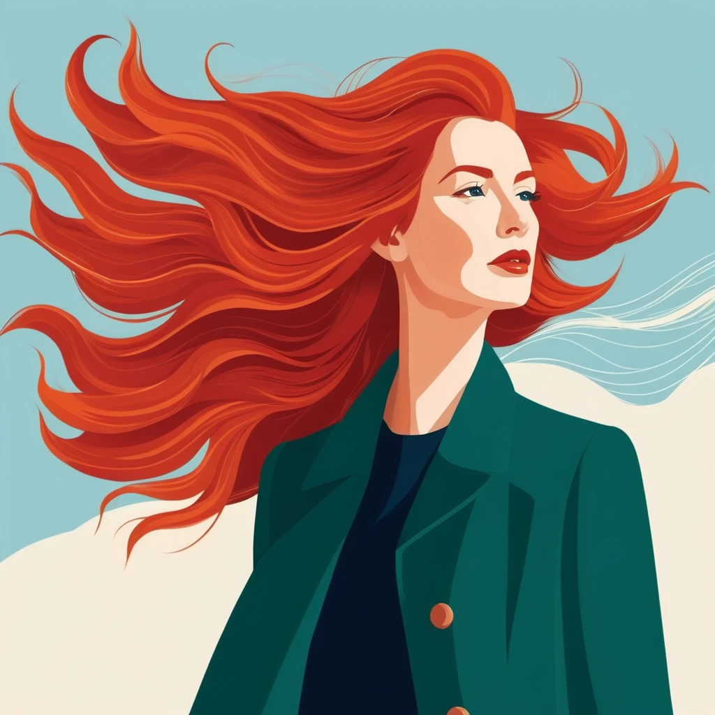 A flat style illustration a red-haired woman with hair blowing in the wind, a woman. by Clémence Guillemaud