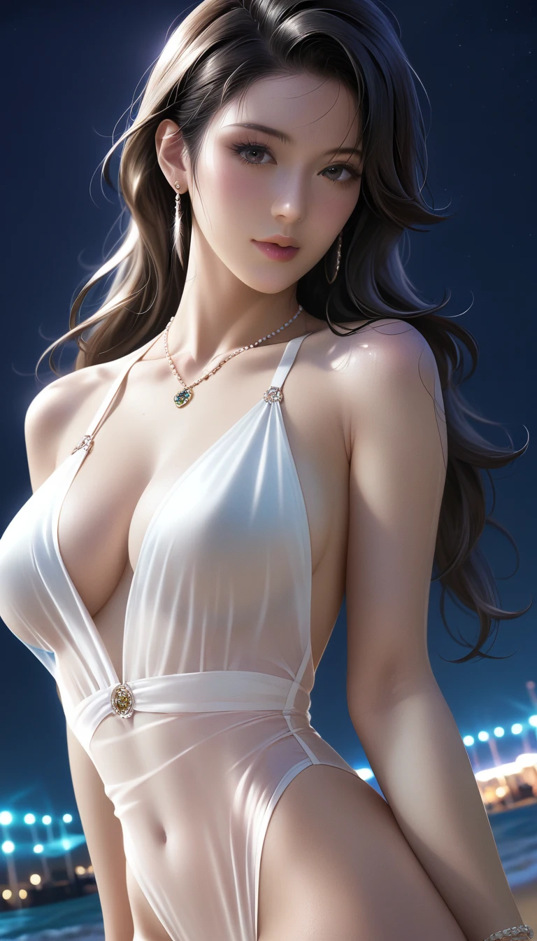 score_9, score_8_superior, score_7_superior, Masterpieces with up to 16K resolution,Highest quality,it is really amazing,Very detailed,Ultra-high resolution,(Ultra-realistic:1.1),(Realistic:1.1),Increased depth of field,Cinematic lighting,
Elegant Japanese MILF,
Long black hair,Ultra-detailed and beautiful faces,Translucent white skin,Very detailedな肌,
(Elegant white swimsuit:1.1),
Bold design,Artistic design,Beautiful and detailed pattern,Detailed fabric texture,
Gorgeous necklace,Earrings,
(Bali Beach:1.1),(Dark beach at night:1.1),(Deserted beach:1.1),(A pitch black night sky with dark clouds:1.1),
(Dramatic Angle:1.1),